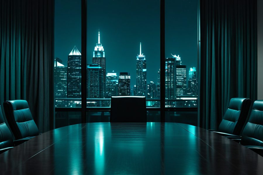 An empty boardroom table at night with city lights beyond