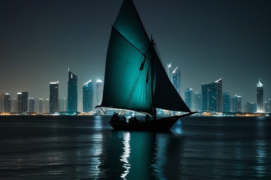 A dhow sail silhouetted against a Gulf skyline at night, illustrating GCC resilience support