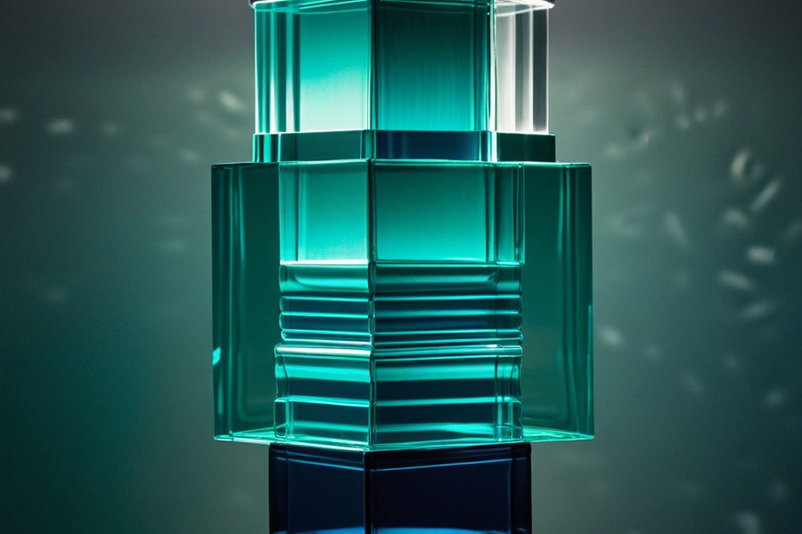 Stacked layers of glass edge-lit in teal, illustrating capital layers