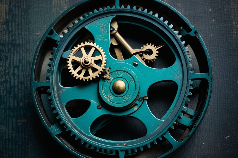 Interlocking steel gears beside a brass balance scale, illustrating controls for ICOFR implementation