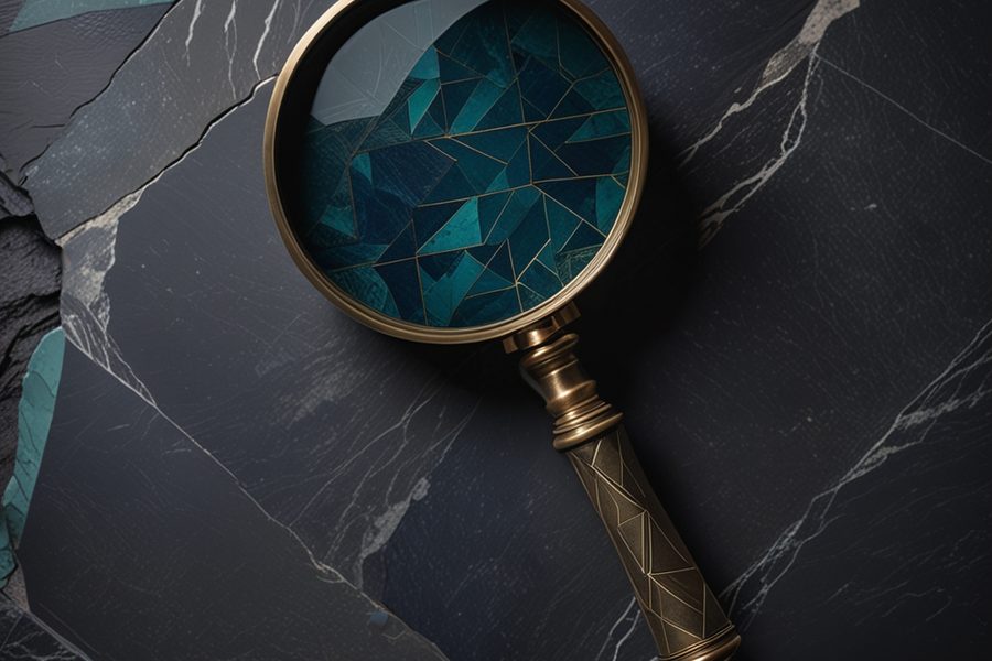 A magnifying glass over engraved metal type, illustrating assurance for internal audit services