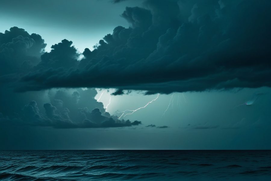 A storm front over a calm sea at night with a faint teal horizon, illustrating resilience for stress testing