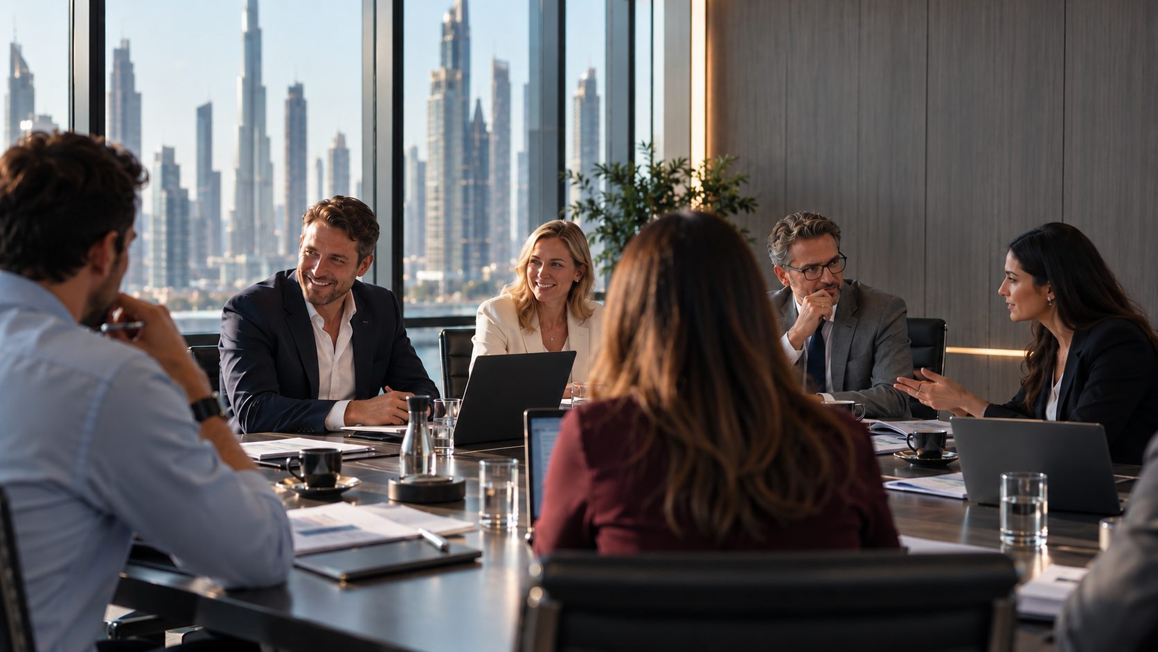 A risk committee meeting around a boardroom table, the Dubai skyline through the glass