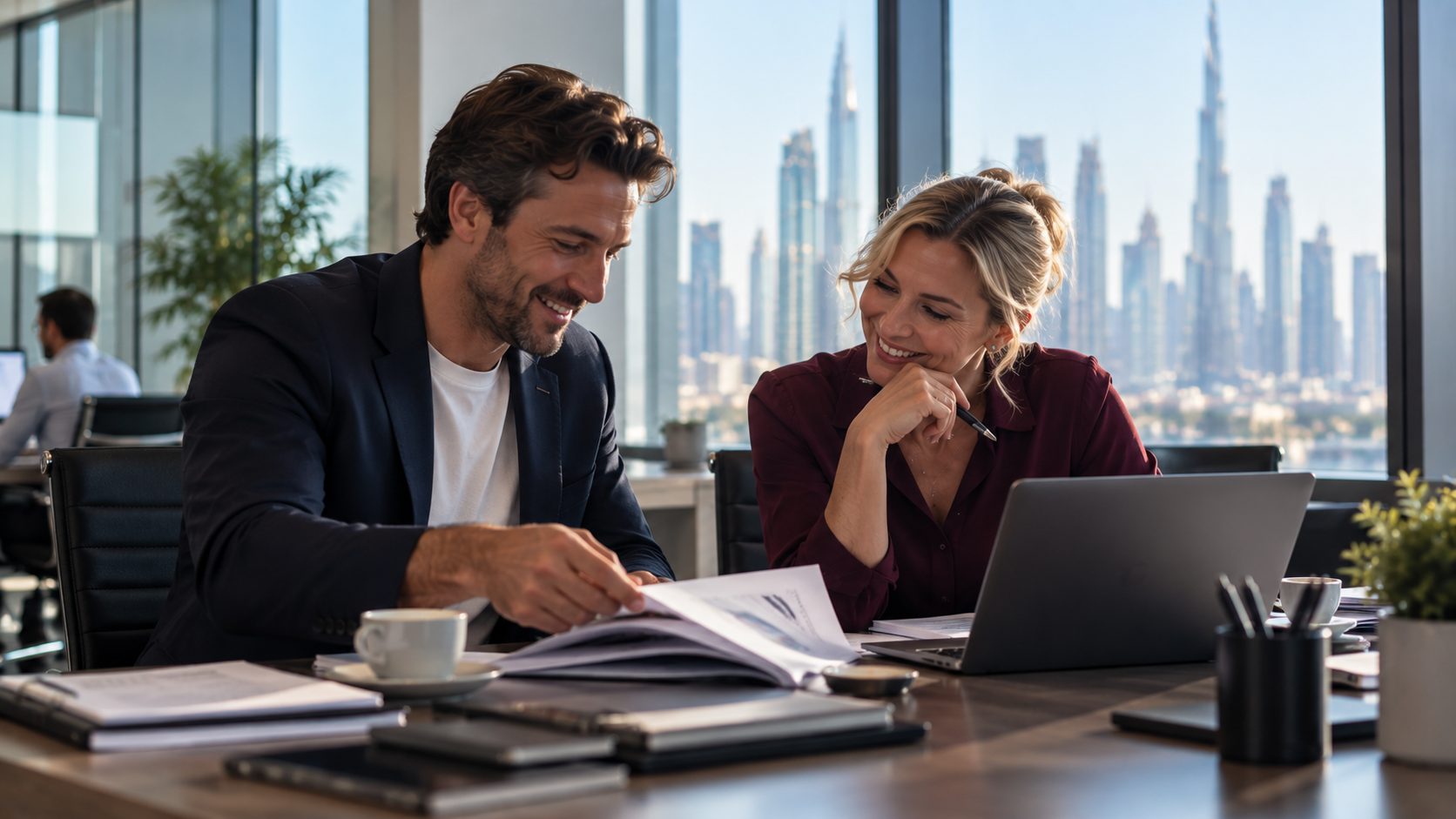 Two colleagues working through a printed report together at a desk, the Dubai skyline behind them