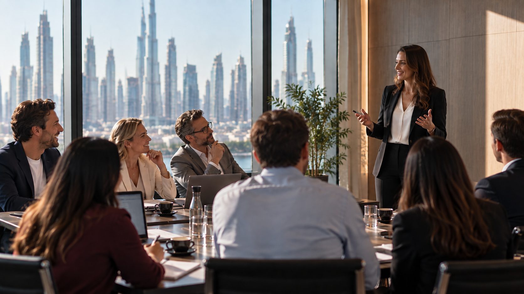 A training workshop in progress, a presenter at the front and participants around a table